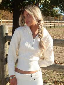 Sydney Algeri New Arrival Casual Loose Half-Zip Sweater For Women, Autumn - White - View 3