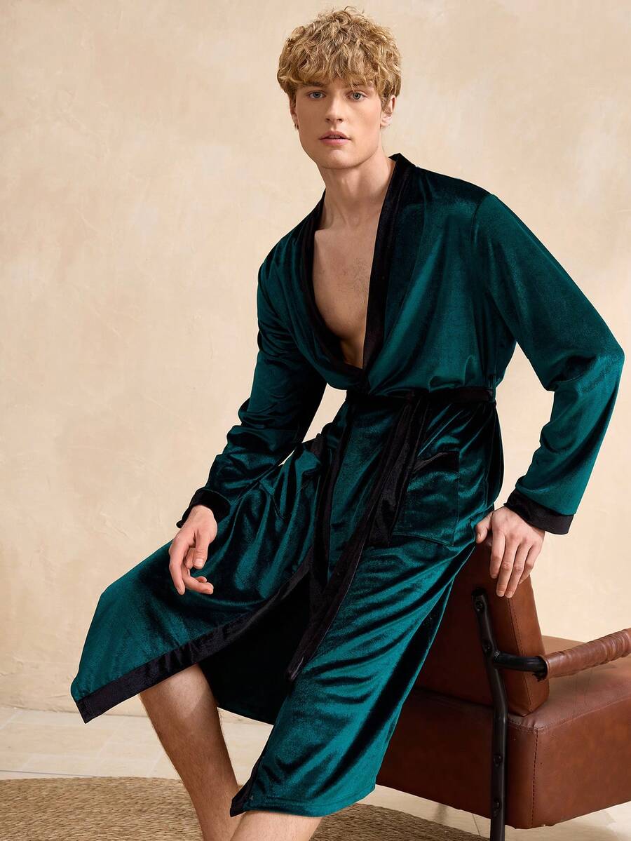 SHEIN Men's Solid Color Minimalist Long Sleeve Robe, Casual Everyday Wear - Multicolor - View 1