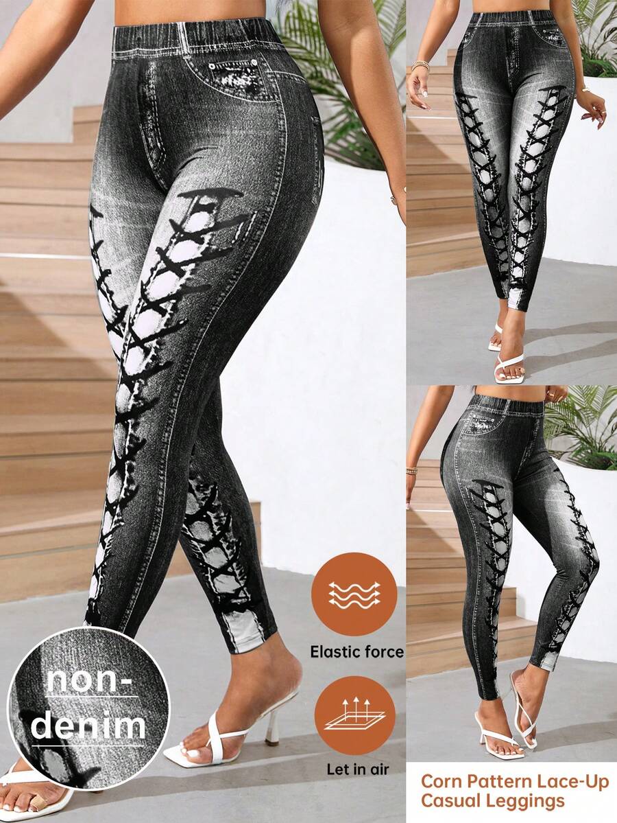 SHEIN Lady 女士弹力玉米图案系带休闲打底裤 - 黑色 - 查看 1