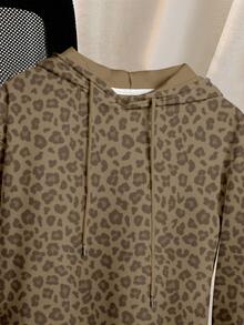 Resyla 女士抓绒连帽连衣裙，带抽绳和豹纹长袖卫衣图案套装