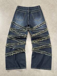 ROMWE MEN Street Life 男士休闲时尚街头宽松毛边阔腿牛仔裤 - 藍色 - 查看 2