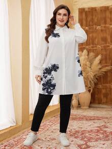 Lacomfia 大码印花长袖休闲长衬衫 - 白色 - 查看 3