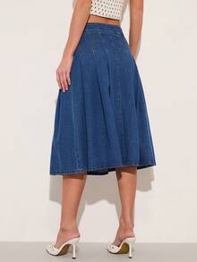 COSMINA 女士休闲日常办公通勤低腰褶裥牛仔裙 - 中等水洗藍 - 查看 5