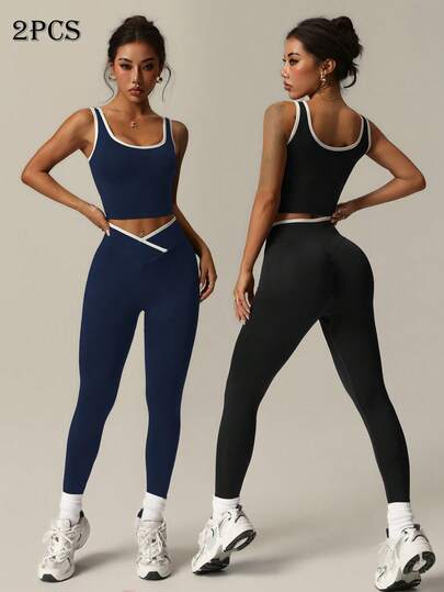 Dewbera 2PCS Women's Yoga Contrast Trim Tank Top And Leggings Sports Set Yoga Leggings Set Matching Workout Set Two Piece Active Set Bra And Leggings Set Matching Yoga Set