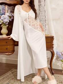 Côtesoire 法式优雅睡袍套装，蕾丝拼接睡裙及长袍，迷人的法国南部风格，女士秋季睡衣套装 - 白色 - 查看 3