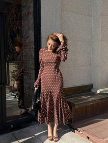 Pariaura 优雅波点荷叶边连衣裙，咖啡棕色，长袖，收腰设计，秋冬款 - 咖啡 - 查看 7