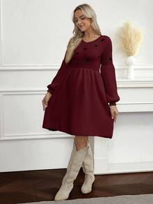 SHEIN Pregnant Women's Heart Pattern V-Neck Long Sleeve Knitted Dress, Autumn/Winter - Burgundy - View 6