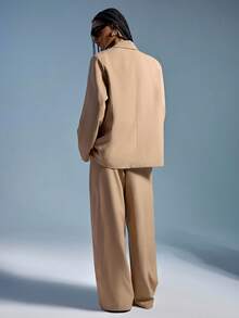 GENKIRA 两件套复古硬币设计翻领双排扣女士商务套装，时尚通勤装 - 卡其色 - 查看 5