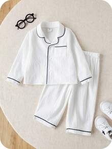 SHEIN Unisex Baby 100% Cotton Solid Color Pocket Long Sleeve Shirt And Straight Leg Pants Comfortable Soft Casual Loose Pajama Set, 2pcs, Suitable For Spring, Summer, Autumn, Winter Boys Pajama Sets Cotton Boys 2 Pc Cotton - White - View 3