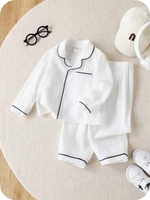 SHEIN Unisex Baby 100% Cotton Solid Color Pocket Long Sleeve Shirt And Straight Leg Pants Comfortable Soft Casual Loose Pajama Set, 2pcs, Suitable For Spring, Summer, Autumn, Winter Boys Pajama Sets Cotton Boys 2 Pc Cotton - White - View 5
