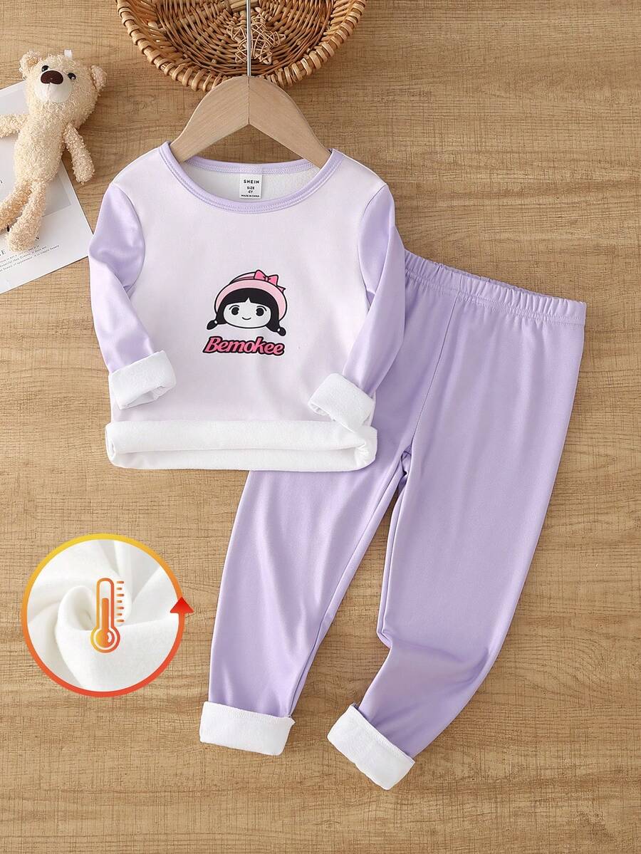 一套女童休闲卡通印花圆领长袖上衣和裤子，针织弹力加厚保暖内衬柔软舒适睡衣 - 彩色 - 查看 1