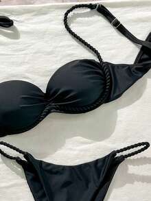 Swim Mod Bộ 2 món đồ bơi bikini dây mảnh màu trơn cho kỳ nghỉ hè, có gọng, gồm áo ngực nâng ngực và bikini có gọng, bikini nâng ngực kín đáo, bikini dây bện, bikini đen, bikini cạp cao. - màu đen - Xem 5