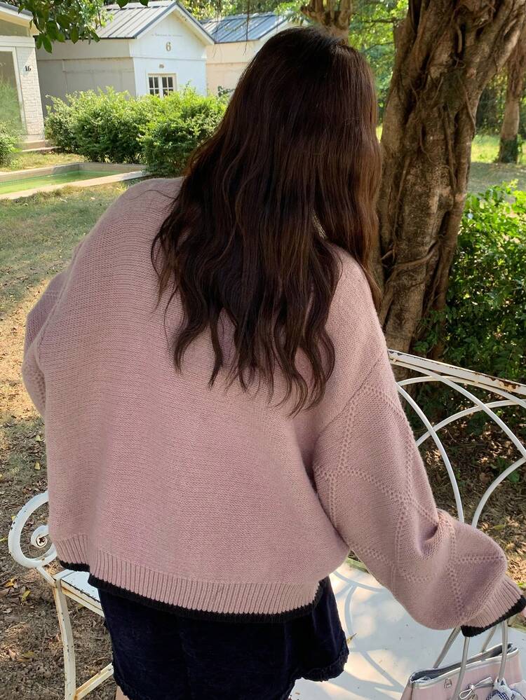 Dazy Plus Contrast Color Patchwork Jacquard Pattern Round Neck Loose Casual Sweater Cardigan, Plus Size For Women, Autumn/Winter