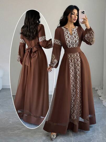 Elenzga Women's New Autumn/Winter Christmas Halloween Thanksgiving New Year Elegant Party Dress, Exquisite Outings, Mesh Patchwork Puff Sleeve, Peris Print Waist Tie V-Neck, White Floral Print Wedding Guest Graduation Dress