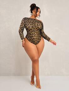 SHEIN SXY Bộ đồ liền thân họa tiết da báo xuyên thấu đơn giản, thanh lịch, gợi cảm hàng ngày, thời trang tối giản, cỡ lớn dành cho nữ mùa xuân và mùa hè - Nhiều màu - Xem 2