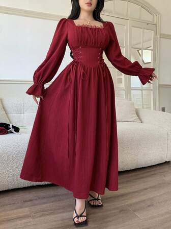 Feyla Women's Vintage Elegant Elegant Simple Solid Color Square Collar Ruffle Sleeve Lace Chest Pleated Tie Waist Dress, Spring/Autumn