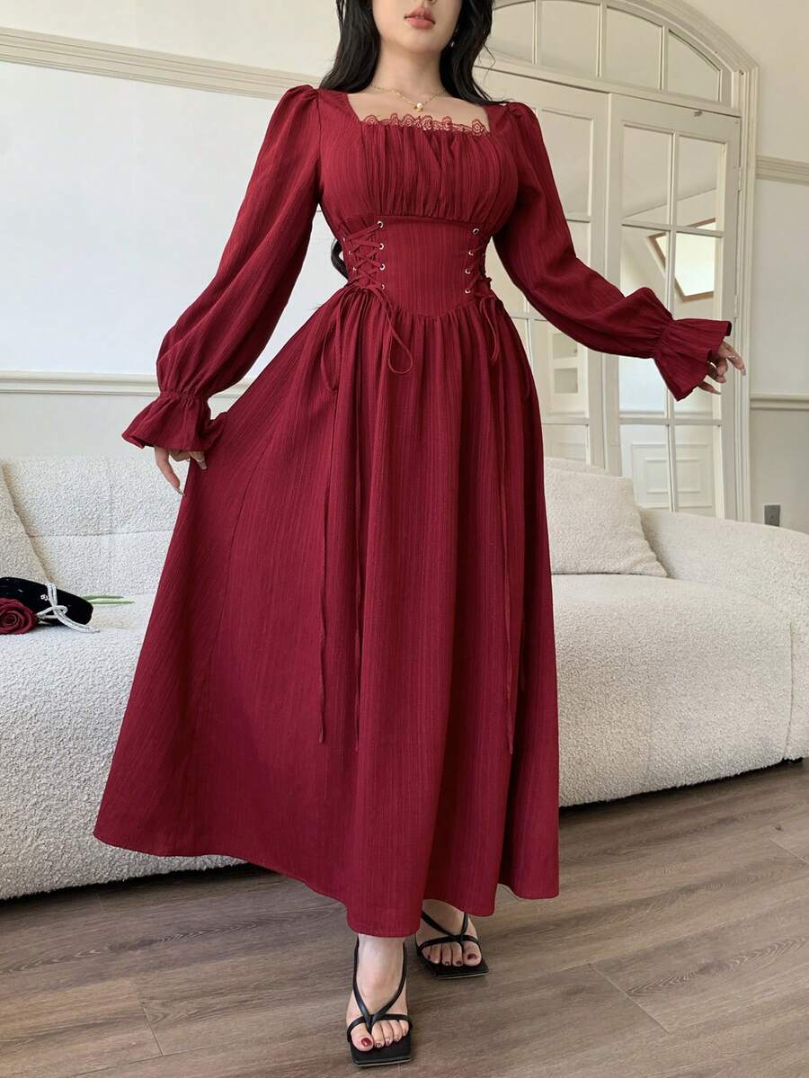 Feyla 女士复古优雅简约纯色方领荷叶袖蕾丝胸前褶裥系腰连衣裙，春秋季 - 紅木色 - 查看 1