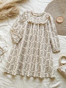 Vintaside Kids 女童杏色碎花长袖连衣裙，优雅精致的版型，适合外出、约会、休闲穿着以及校园/派对活动。 - 彩色 - 查看 3