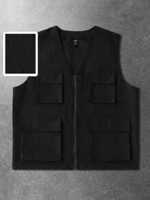 ROMWE MEN Men's Casual Fashion Street Daily Commute Simple Solid Color Flap Pocket Zip-Up Vest - Multicolor - View 1