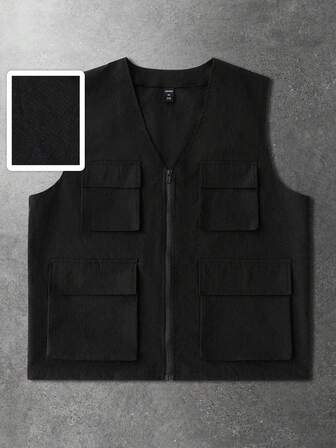 Men's Casual Fashion Street Daily Commute Simple Solid Color Flap Pocket Zip-Up Vest