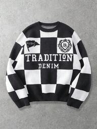 Prep Men's Casual Fashion Street Black & White Checkerboard Letter Pattern Dropped Shoulder Loose Knit Sweater, Autumn/Winter