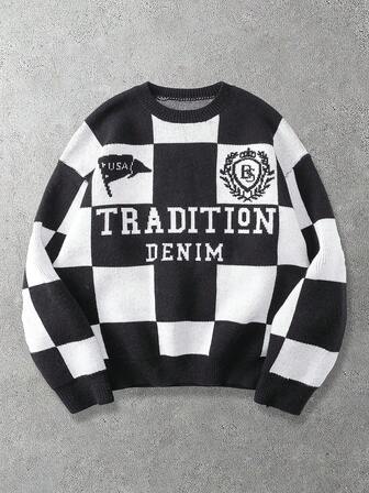 Prep Maglione casual da uomo in maglia larga a motivo scaccato bianco e nero con stampa a lettere, stile street fashion, adatto per autunno/inverno