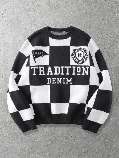 Prep Pull ample en tricot à motif de lettres en damier noir et blanc avec épaules tombantes, style mode de rue décontracté pour hommes, automne/hiver