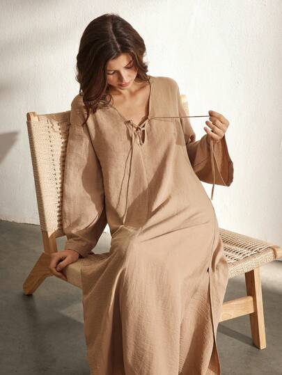 Ocili Casual Soft Tie-Up V-Neck Open Slit Solid Color Dress Loungewear For Women, Moo Moo Night Dress