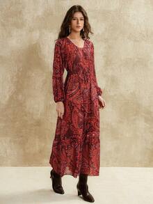 Florisole Váy suông dáng chữ A tay đèn lồng họa tiết Paisley boho cổ điển thanh lịch dành cho nữ, mùa xuân/thu - Gỗ đỏ - Xem 5