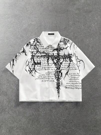 ROMWE MEN Spring/Summer Casual Graphic White Printed Cropped Casual Loose Front Button Short Sleeve Shirt For Men