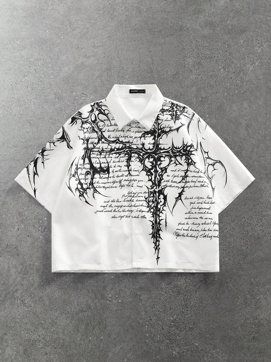 ROMWE MEN Goth Camisa casual suelta con botones delanteros y mangas cortas estampada para hombres - Multicolor - Ver 1