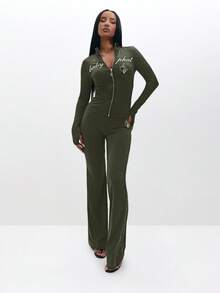 BABYPHAT Áo dài tay có khóa kéo với họa tiết và đường khâu tương phản cho trang phục thường ngày mùa thu đông - xanh quân đội - Xem 2