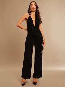 Silquee Mono de mujer con escote halter y espalda descubierta, elegante y versátil para ir al trabajo y reuniones - Negro - Ver 7