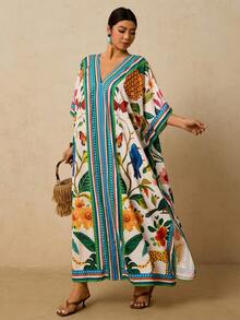 Travachic Đầm Kaftan họa tiết hình học cổ chữ V tay cánh dơi dáng rộng thoải mái cho nữ đi nghỉ mát cỡ lớn - Nhiều màu - Xem 1