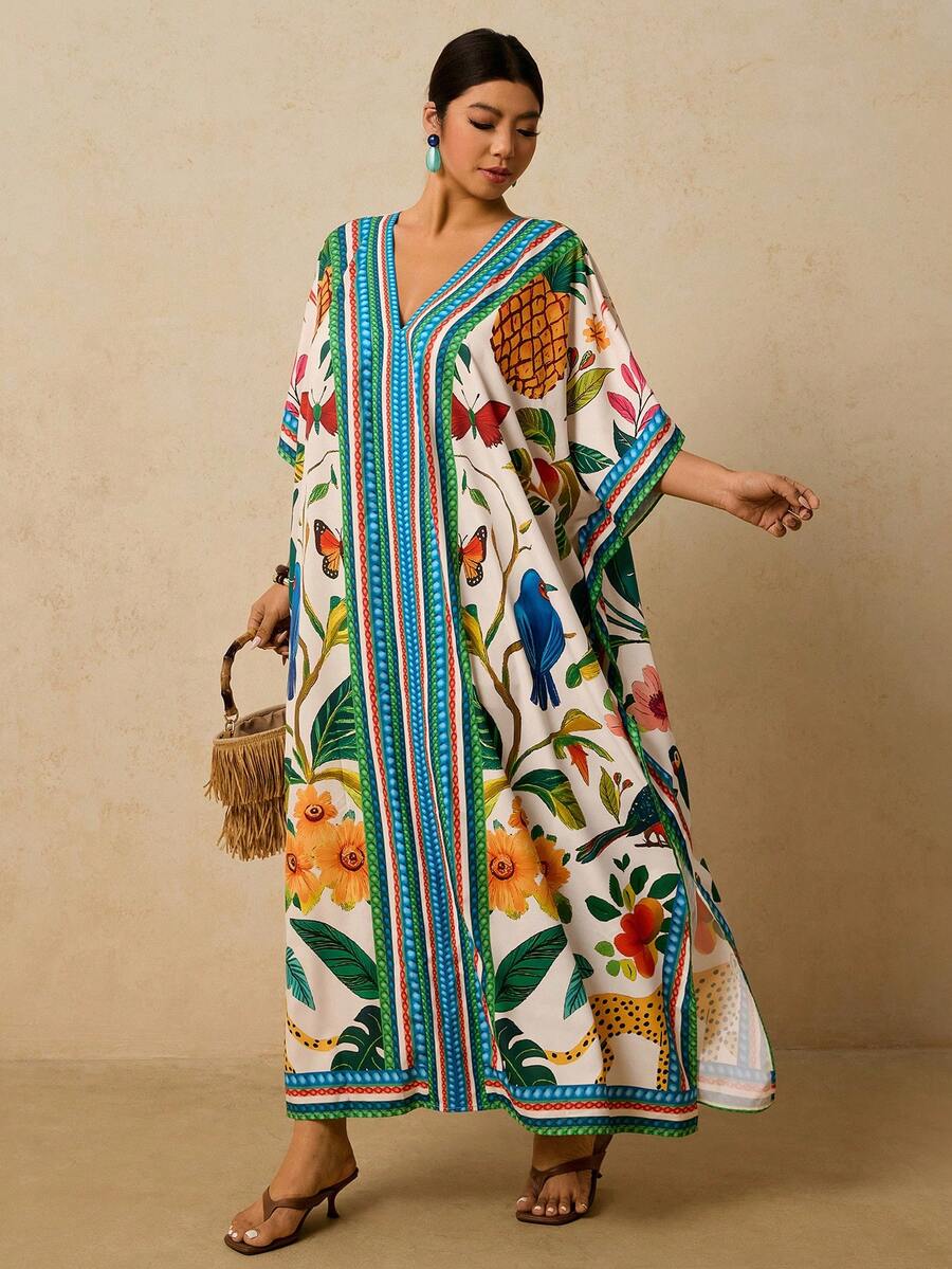 Travachic Đầm Kaftan họa tiết hình học cổ chữ V tay cánh dơi dáng rộng thoải mái cho nữ đi nghỉ mát cỡ lớn - Nhiều màu - Xem 1