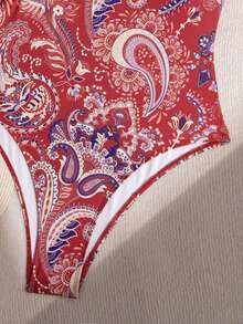 Swim Lushoire Paisley Print Hollow One-Piece Swimsuit, Random Print - Red - View 5
