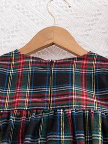 SHEIN Young Girls' French Elegant Plaid Patchwork Woven Fitted Long Sleeve Dress, Autumn/Winter,Christmas - Black - View 8