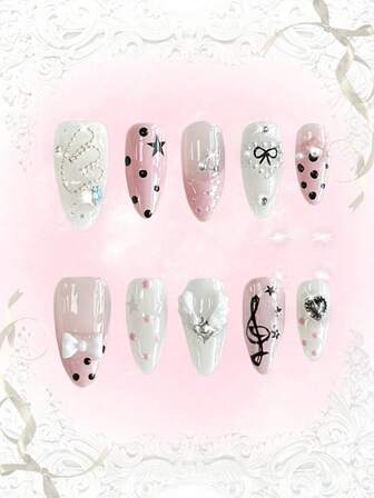 Anime 10 pezzi Unghie finte di alta qualità con fiocco carino, nota musicale, elemento a stella, realizzate a mano + 3 pezzi di adesivo biadesivo, Adesivi per arte di unghie rimovibili con catena di strass stile francese Y2K a pois, adatti per vacanze, feste, ballo e uso quotidiano