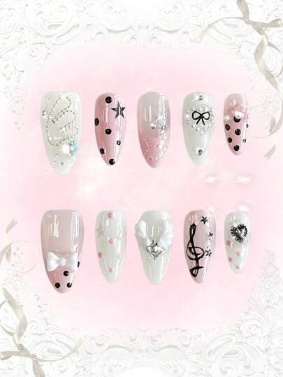 Anime 10pcs Cute Bowknot Music Note Star Element High Quality Handmade False Nails + 3pcs Double-Sided Adhesive, Y2K French Style Rhinestone Chain Polka Dot Removable Nail Art Stickers, Suitable For Holidays, Parties, Dancing And Daily Wear