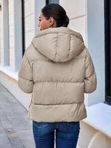 EURMUSE Zip Up Hooded Puffer Coat - Beige - View 2