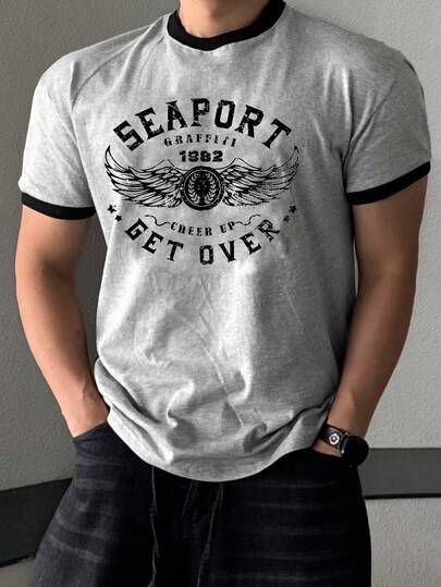 DAZY Men's Summer Contrast Color Collar Round Neck Letter Print Slim Fit T-Shirt