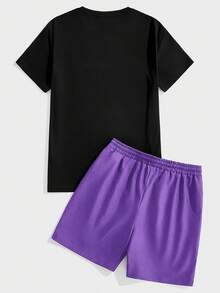 Manfinity LEGND Set di maglietta e pantaloncini casual da uomo con stampa slogan, estivo - Multicolore - Visualizzare 3