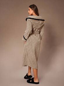 Lazeform Contrast Color Pom Pom Hooded Jacquard Fleece Women Robe Fuzzy, Fluffy Long Robe Winter, Cozy - Khaki - View 2
