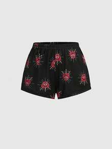 ROMWE Goth Conjunto de pijama informal de camiseta y pantalones cortos con estampado de ojo, corazón, estrella y gema y ribete de contraste en estilo gótico - Negro - Ver 5