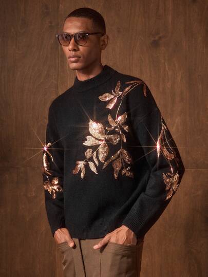 AKNOTIC Business Casual Men's Loose Fit Sequin Plant Print Drop Shoulder Casual Sweater