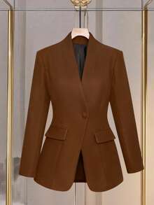 SOLERSUN Women's Coffee Brown Retro-Style Elegant Wool Blazer,Autumn Winter Stand-Up Collar Fitted Waist Office Commuting Jacket,New Year's & Christmas Coat - Brown - View 3