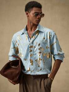 AKNOTIC Business Casual Men's Long Sleeve Single-Breasted Pocket Fashionable Foil Shirt Mens Champagne Shirt Mens Gold Print Shirt Mens Casual Shirt - Blue - View 3