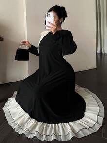 Dazy Plus Valentine Plus Size Elegant Bowknot Tie Shoulder Splice Ruffle Hem Bodycon Party Maxi Dress, Black, Spring/Autumn - Black - View 1