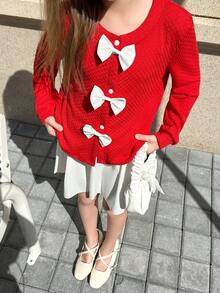 2 pièces/set Ensemble fille décontracté avec sweat-shirt à col rond et jupe avec nœud décoratif, manches longues, convient pour l'automne et les sorties - Rouge - Voir 7