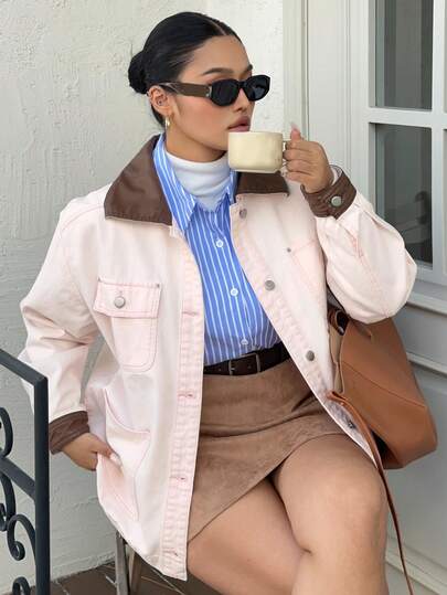 Dazy Plus Color Block Lapel Collar Casual Pocket Loose Fit Plus Size Women Denim Jacket, Spring/Autumn